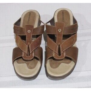 Merrell Luxe Mink Brown Strappy Leather Wedge Slide Comfort Sandals Size 10
